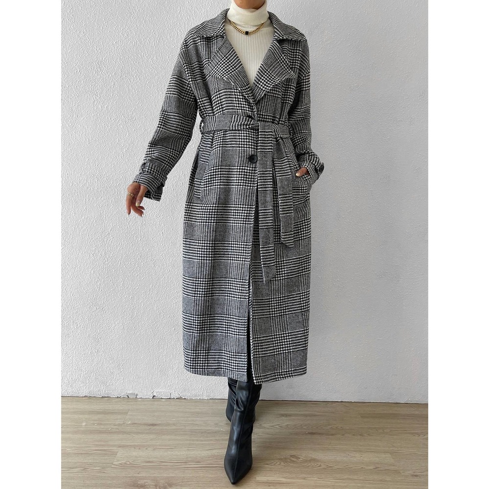 Gray black plaid long trench coat pea coat Belted Overcoat - Picture 6 of 6